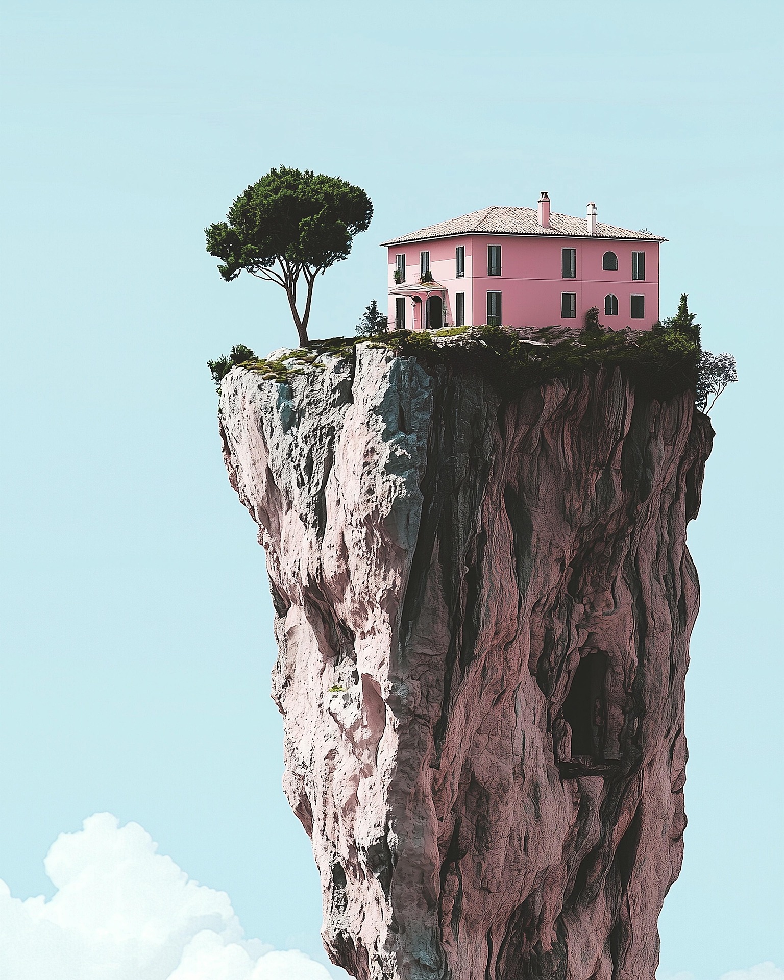 Maison rose sur un rocher, bien en location