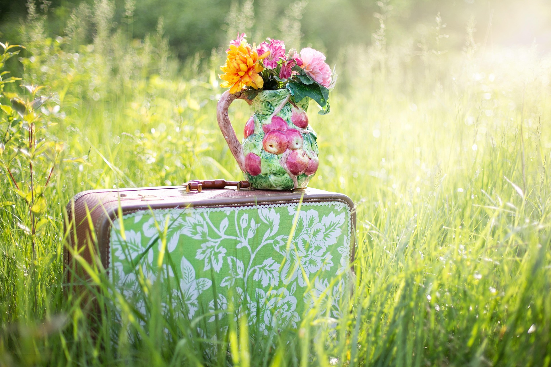 Valise fleurie posée dans un jardin